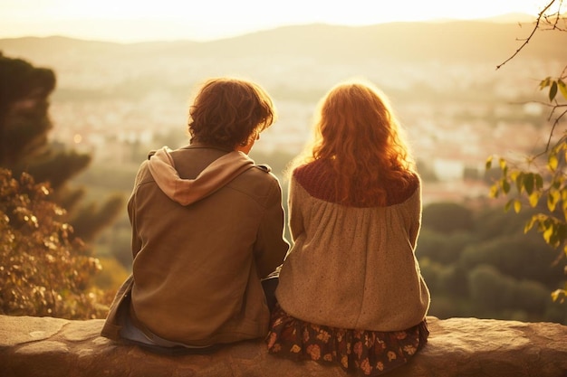 Foto una pareja se sienta en una roca y mira la puesta de sol