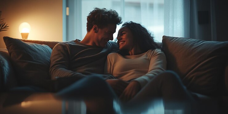 una pareja se sienta en un sofá y se miran