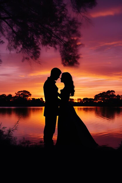 una pareja con silueta con una puesta de sol en un lago en el estilo de retrato de paisaje de ensueño