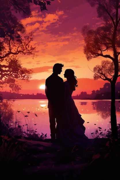 una pareja con silueta con una puesta de sol en un lago en el estilo de retrato de paisaje de ensueño