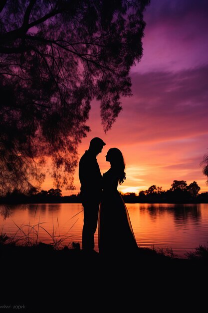 una pareja con silueta con una puesta de sol en un lago en el estilo de retrato de paisaje de ensueño