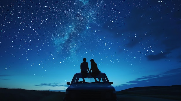 Una pareja siluetada contra un cielo estrellado de la noche