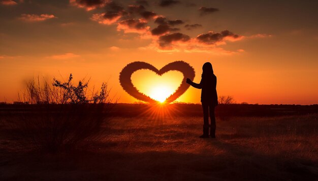 Foto una pareja siluetada contra un sol poniente sus manos formando una forma de corazón generada por artificial