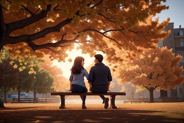 Una pareja siluetada se sienta en un banco bajo un árbol de otoño