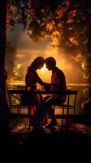 Una pareja de siluetas en una cena íntima a la luz de las velas al aire libre con un trasfondo de puesta de sol ardiente