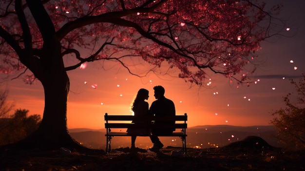 Una pareja silueteada se sienta en un banco bajo un fondo de San Valentín de un árbol de amor