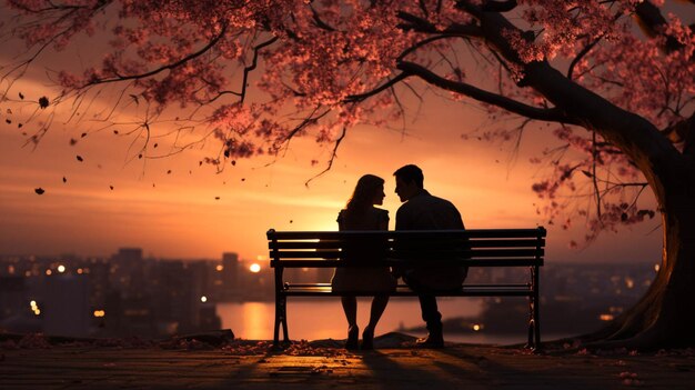 Foto una pareja silueteada se sienta en un banco bajo un fondo de san valentín de un árbol de amor