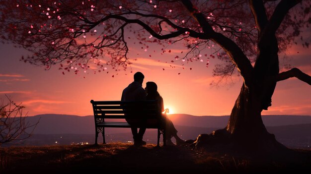 Una pareja silueteada se sienta en un banco bajo un fondo de San Valentín de un árbol de amor