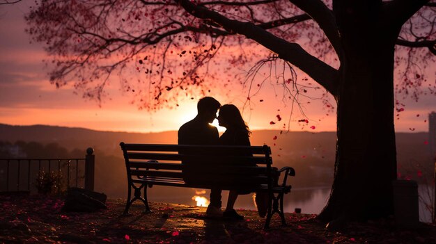 Foto una pareja silueteada se sienta en un banco bajo un fondo de san valentín de un árbol de amor