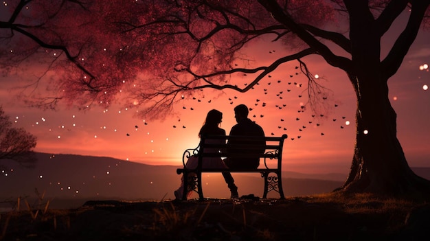 Una pareja silueteada se sienta en un banco bajo un fondo de San Valentín de un árbol de amor