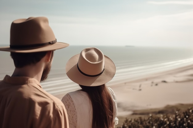 Una pareja con un sombrero mirando la playa