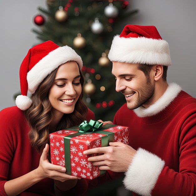 pareja con sombreros de Papá Noel con regalos pareja con regalos de Navidad