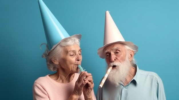 Una pareja con sombreros que dicen 'feliz cumpleaños'