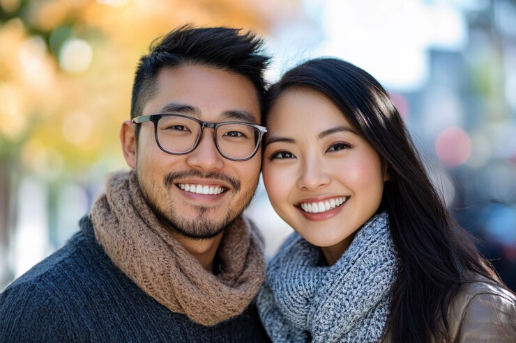una pareja sonríe para la cámara y sonríe