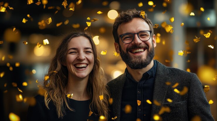 una pareja sonríe y sonríe con confeti cayendo del cielo