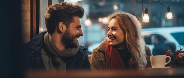 una pareja sonriendo en un café con un hombre con una bufanda