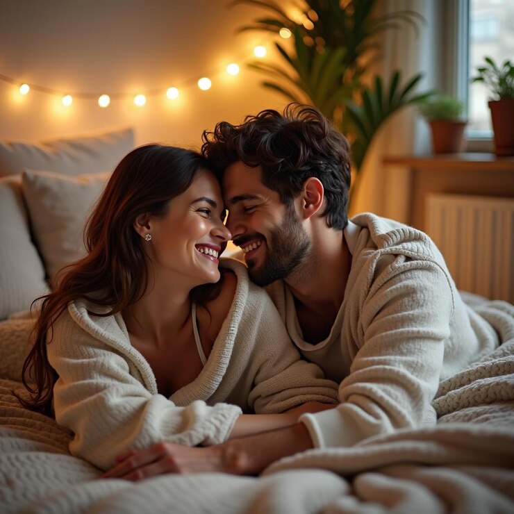 Una pareja sonriendo en la cama Una pareja feliz en la cama sonriendo