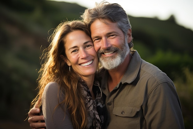 Pareja sonriendo a la cámara con una sonrisa blanca perfecta