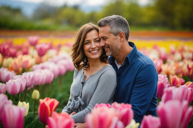 Una pareja sonriendo en el campo de tulipanes.