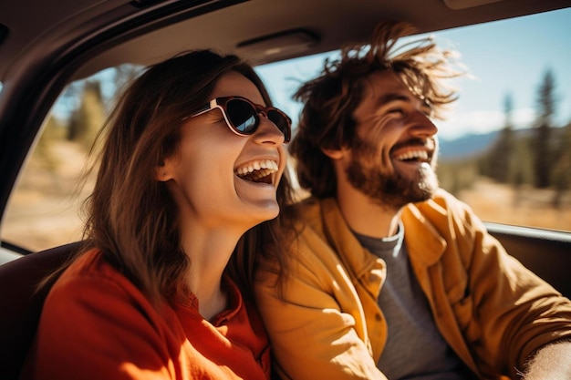 Pareja sonriendo en un coche con gafas de sol en la espalda