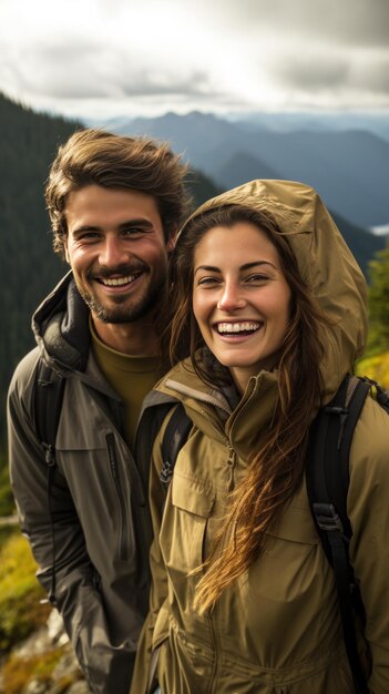 Una pareja sonriendo y tomándose de la mano mientras hacen una caminata en una pintoresca cordillera