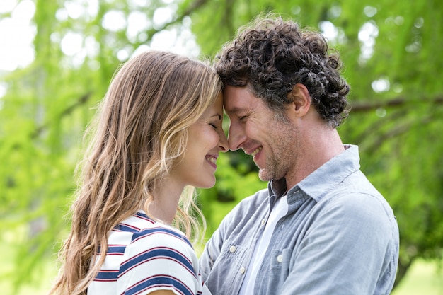 Pareja sonriente abrazando cabeza a cabeza