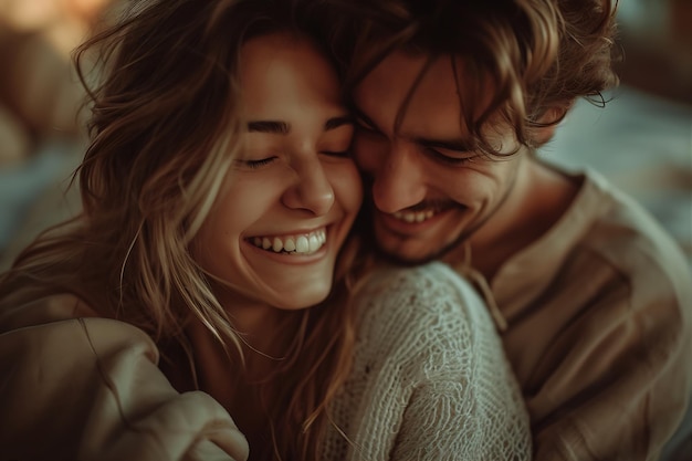 Foto una pareja sonriente en un abrazo feliz