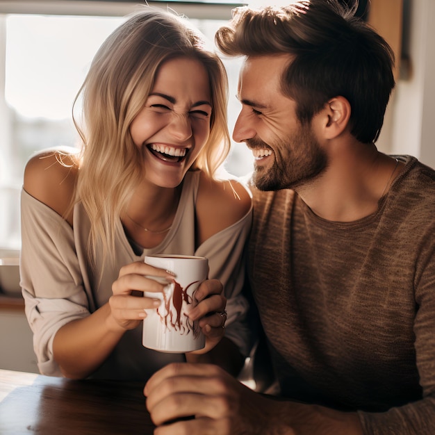 Una pareja sonriente bebiendo café en una taza