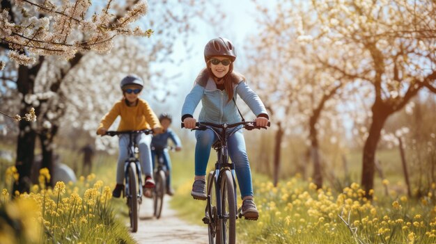 Una pareja sonriente en bicicletas disfrutando de un sendero panorámico con un entorno lleno de plantas AIG41