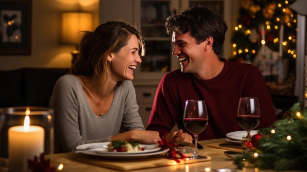 Foto una pareja sonriente cerca en una cena navideña festiva con velas encendidas y un árbol decorado en el fondo creando una atmósfera cálida e íntima