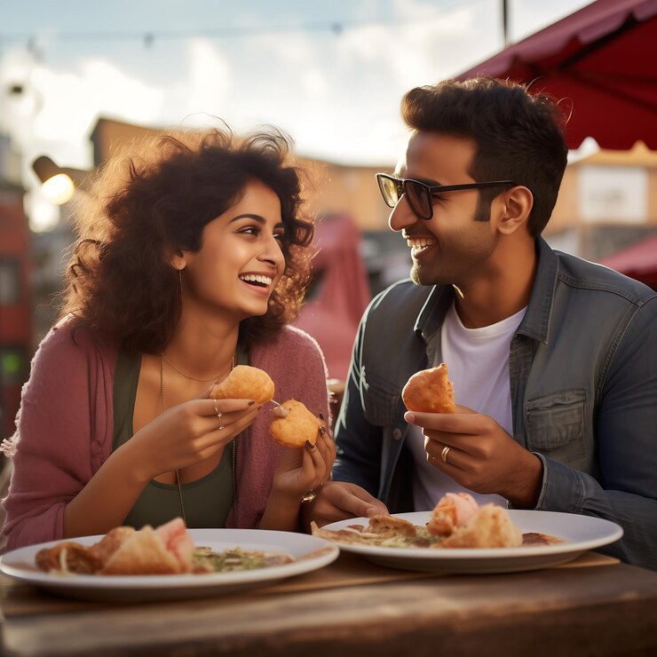 una pareja sonriente comiendo en una mesa de restaurante al aire libre con un paraguas en el fondo