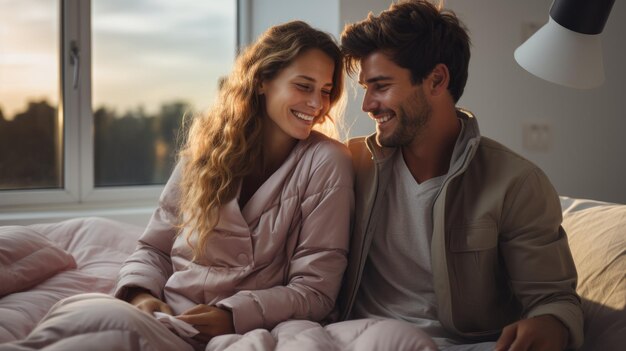 Foto una pareja sonriente y disfrutando de un momento acogedor juntos en una cama vestidos con ropa de invierno