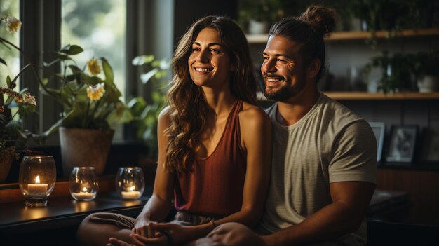 Una pareja sonriente haciendo yoga.