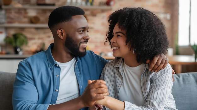 Una pareja sonriente mirándose la una a la otra reconciliada después de una pelea.