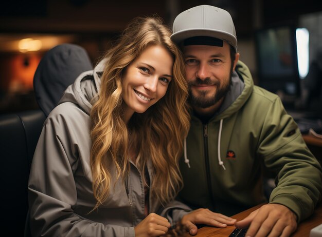 Una pareja sonriente en la oficina trabajando juntos