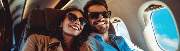 Una pareja sonriente relajándose y acurrucándose en un avión