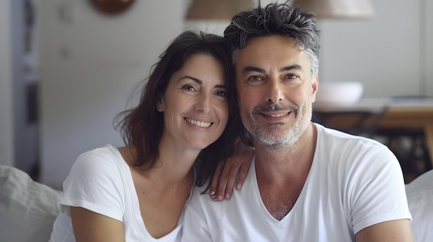 Una pareja sonriente con trajes blancos casuales disfrutando de un momento acogedor en casa retratando el amor y la felicidad retrato de estilo de vida con una sensación moderna de IA