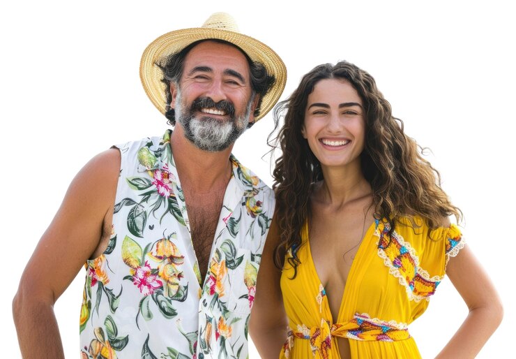Una pareja sonriente en trajes de playa