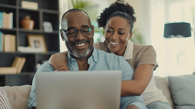 Una pareja sonriente usando una computadora portátil juntos en casa Un estilo de vida relajado y acogedor Ropa casual de interior moderno Disfrutando de la tecnología IA