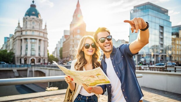 Una pareja sonriente de vacaciones en la ciudad