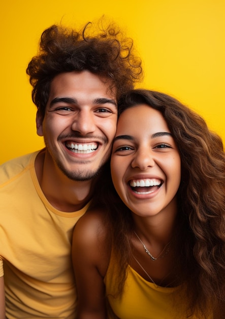 Foto pareja sonriente vistiendo tela amarilla sobre fondo amarillo ia generativa