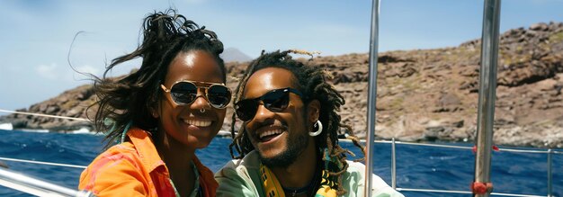 Foto una pareja sonriente en un yate, la brisa del mar, admirando el paisaje costero.