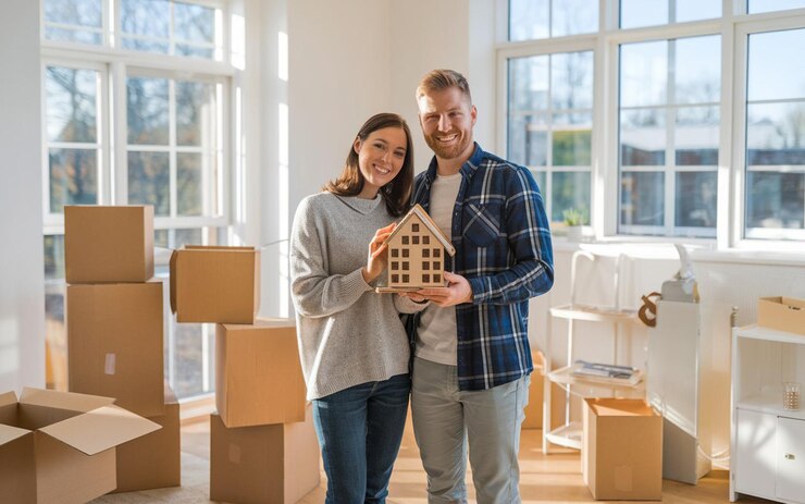 una pareja sosteniendo una casa que dice la casa