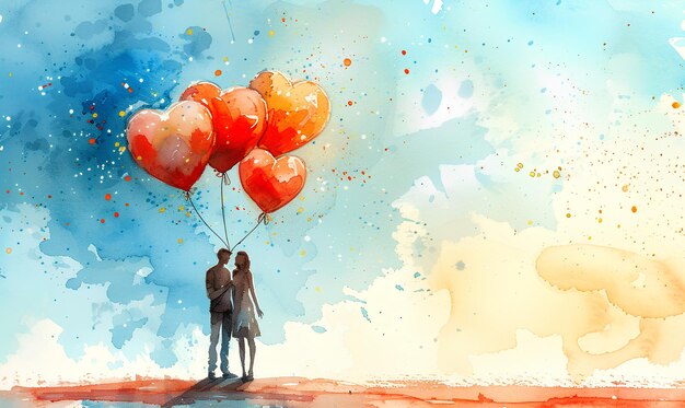 Pareja sosteniendo globos rojos en forma de corazón sobre fondo de acuarela colorido abstracto