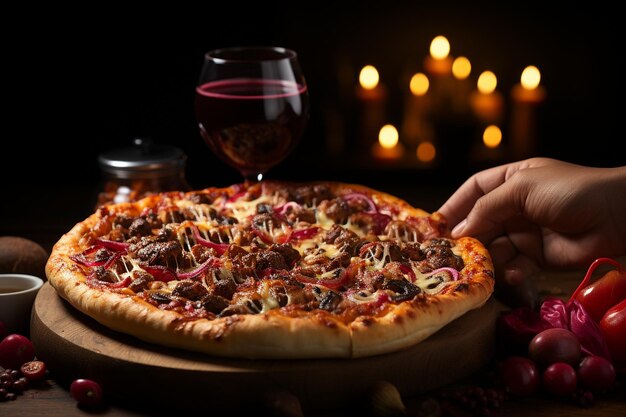 Foto una pareja sosteniendo una pizza con setas y verduras