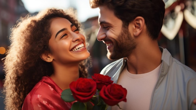 Pareja sosteniendo rosas en sus manos reuniéndose en el día de San Valentín