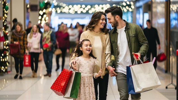 Una pareja y su hija con bolsas de compras están en el centro comercial.