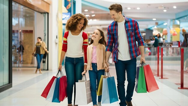 Una pareja y su hija con bolsas de compras están en el centro comercial.