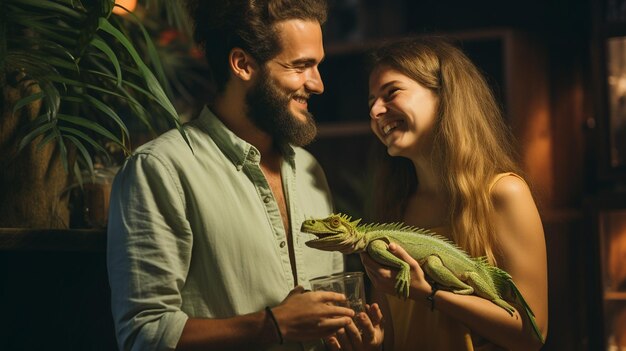 Una pareja con su iguana de mascota asistiendo a papel tapiz