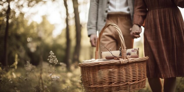 Pareja sujetando cesta de picnic